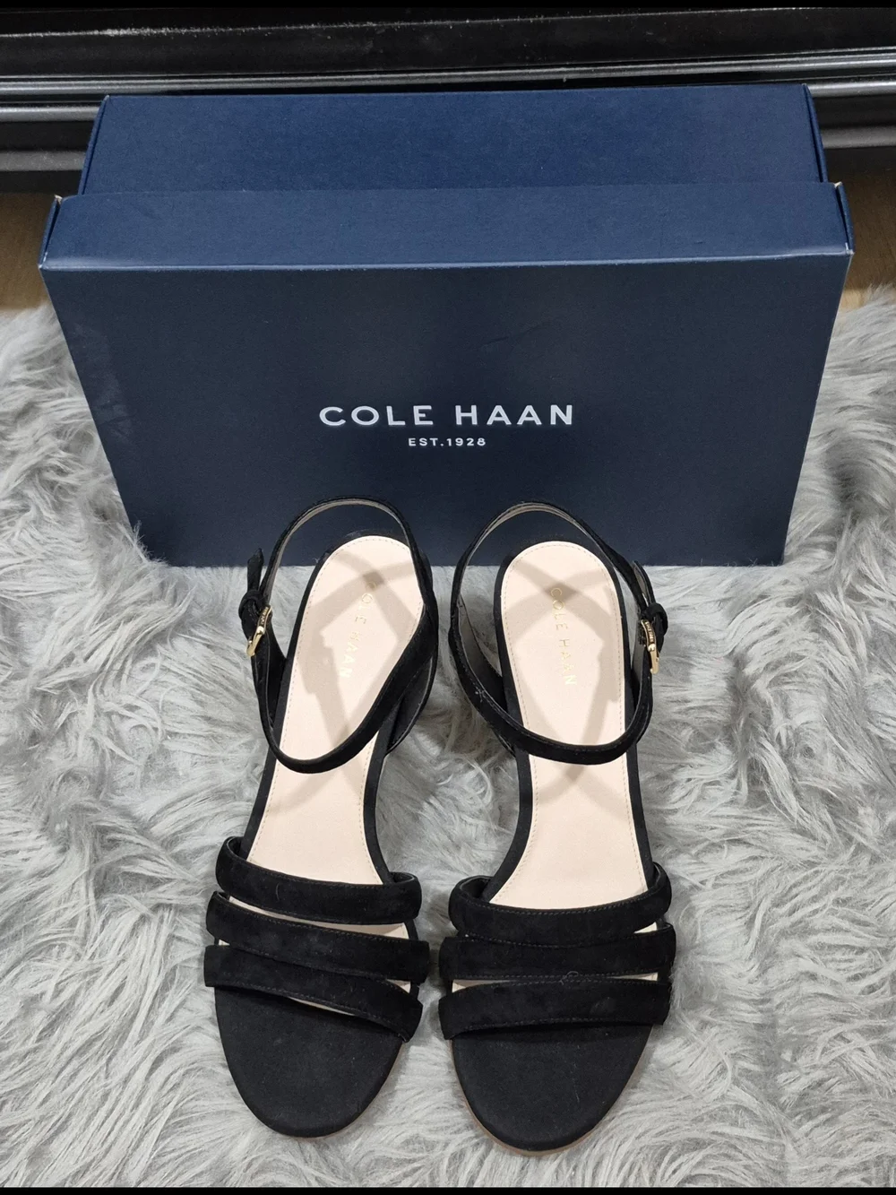 COLE HAAN Women's Black Suede Strap Espadrille Wedge Sandals Size 7.5B